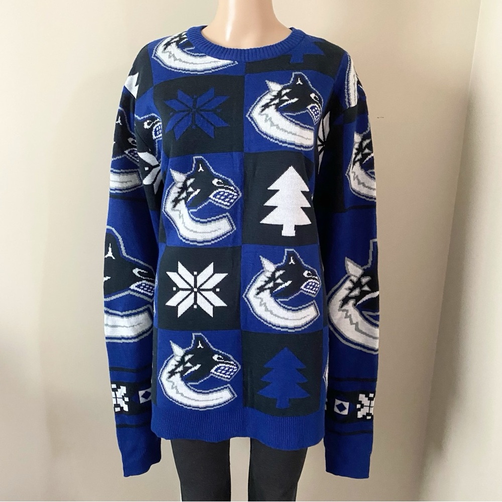 NHL Vancouver Canucks Patterned Knit Blue Crewneck Sweater, men’s XXL